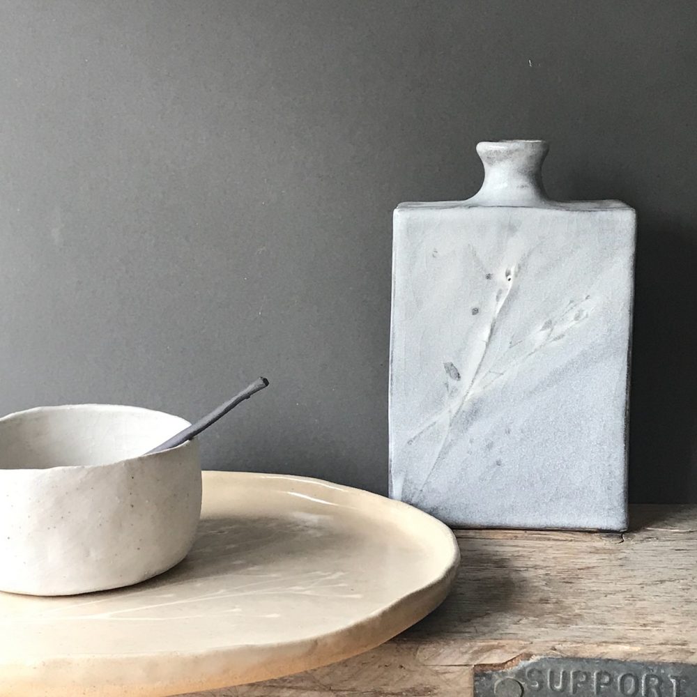 Handbuilt ceramic bottle, plate, dish and spoon