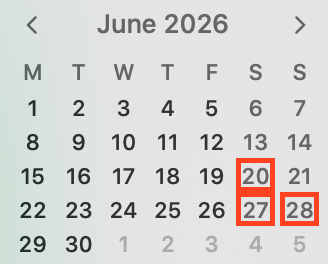Calender for June 2026 showing open dates 20th, 27th & 28th June
